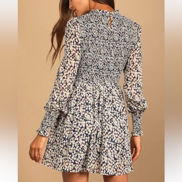 Lulus Floral Forever Navy Blue Floral Print Smocked Skater Dress - Size M - Picture 6 of 7